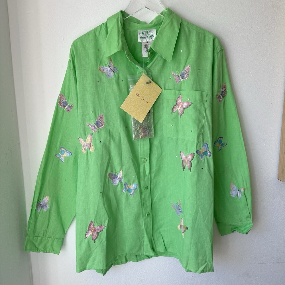 Quacker Factory Embroidered Butterfly Shirt Sz 1X Green Button Front Linen Blend